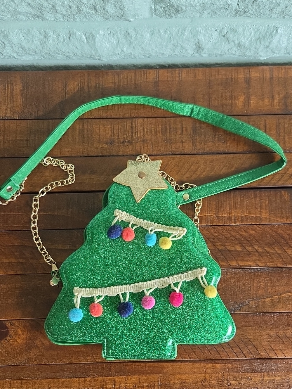 Olivia Miller Green Christmas Tree Crossbody Bag with Pom Pom Accent